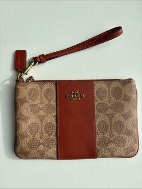 COACH Signature Coated Canvas Tan Rust Colorblock Zip Top Small Wristlet EUC